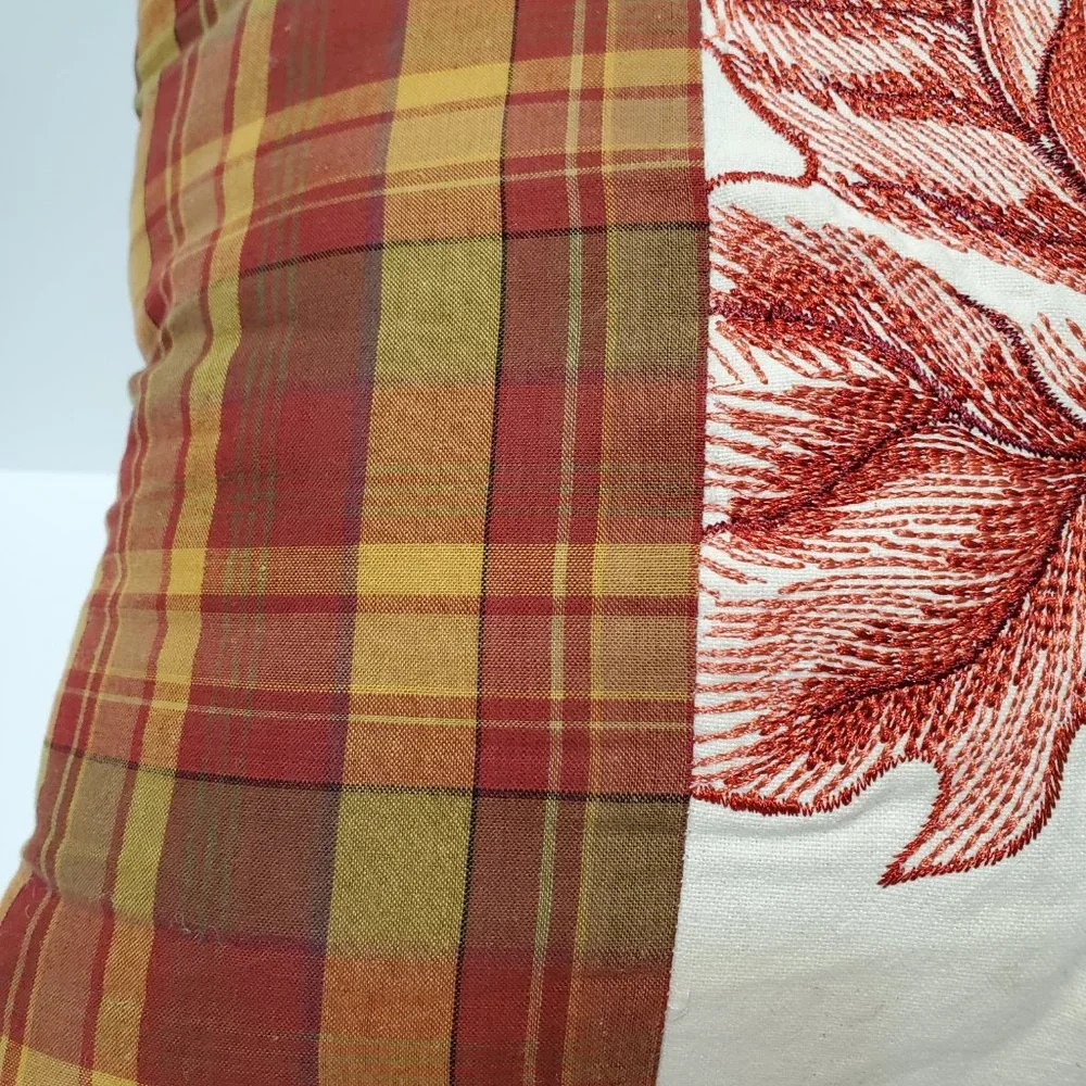 Decorative Pillow with Embroidered Fall Leaves, Autumn Plaid, 15